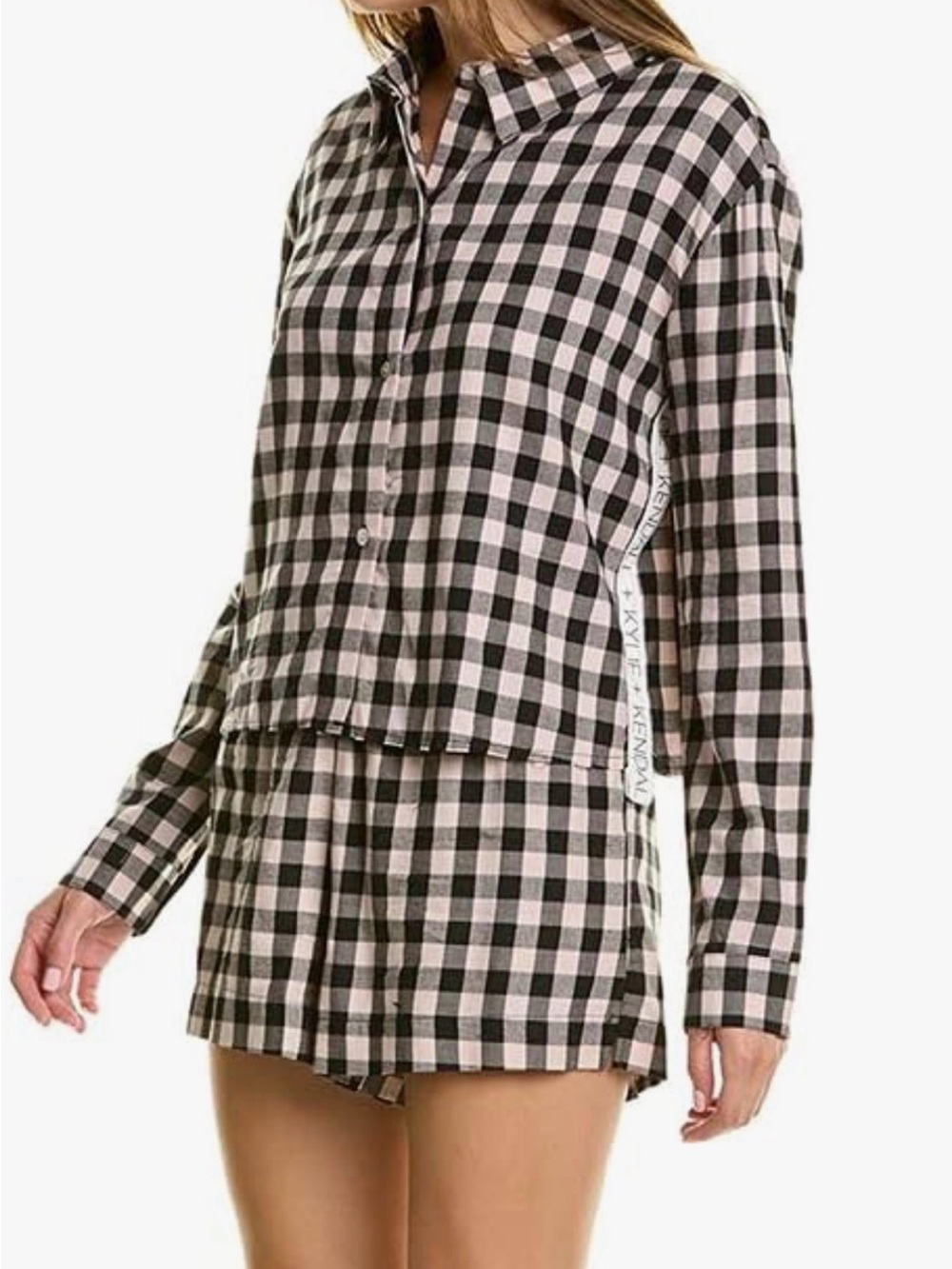 Kendall & Kylie Black Pink Notched Collar Boxer Set Pajamas Womens L NWT